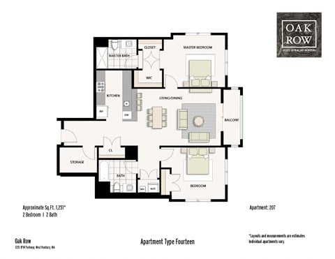 Floor plan for 2 beds, 2 baths, 1251 sqft